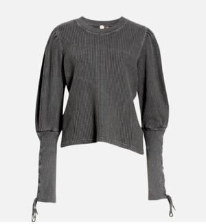Free People FP One Gray XS Knit Sweater Cotton Crew Neck Tasha Lace Up Sleeve